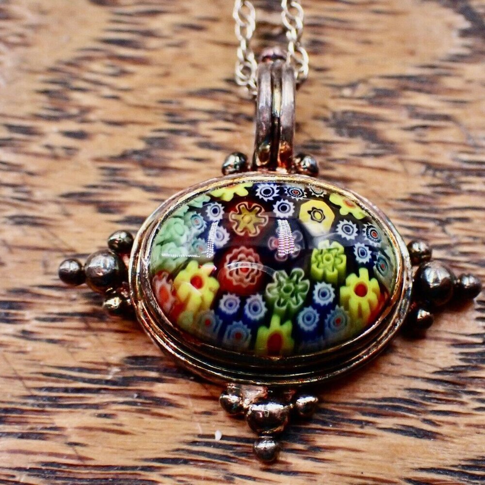 Murano Cabochon Millefiori 2D Oval Pendant Necklace in Bezel Sterling Setting